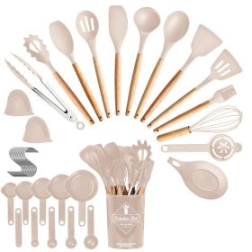 4 Colors Options -- Set Of 35Pcs Kitchen Cooking Utensils Set Spatula Set Baking Utensil Set Kitchen Accessories Necessities With Holder Egg Whis (Color: Khaki)
